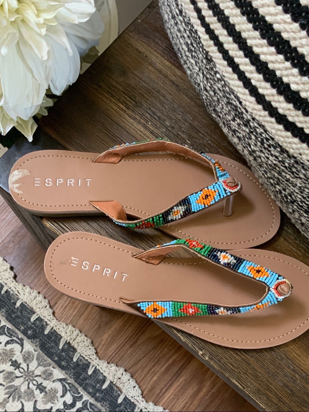 Esprit Brown/Tan Flip Flop Sandals with Colorful Beaded Straps